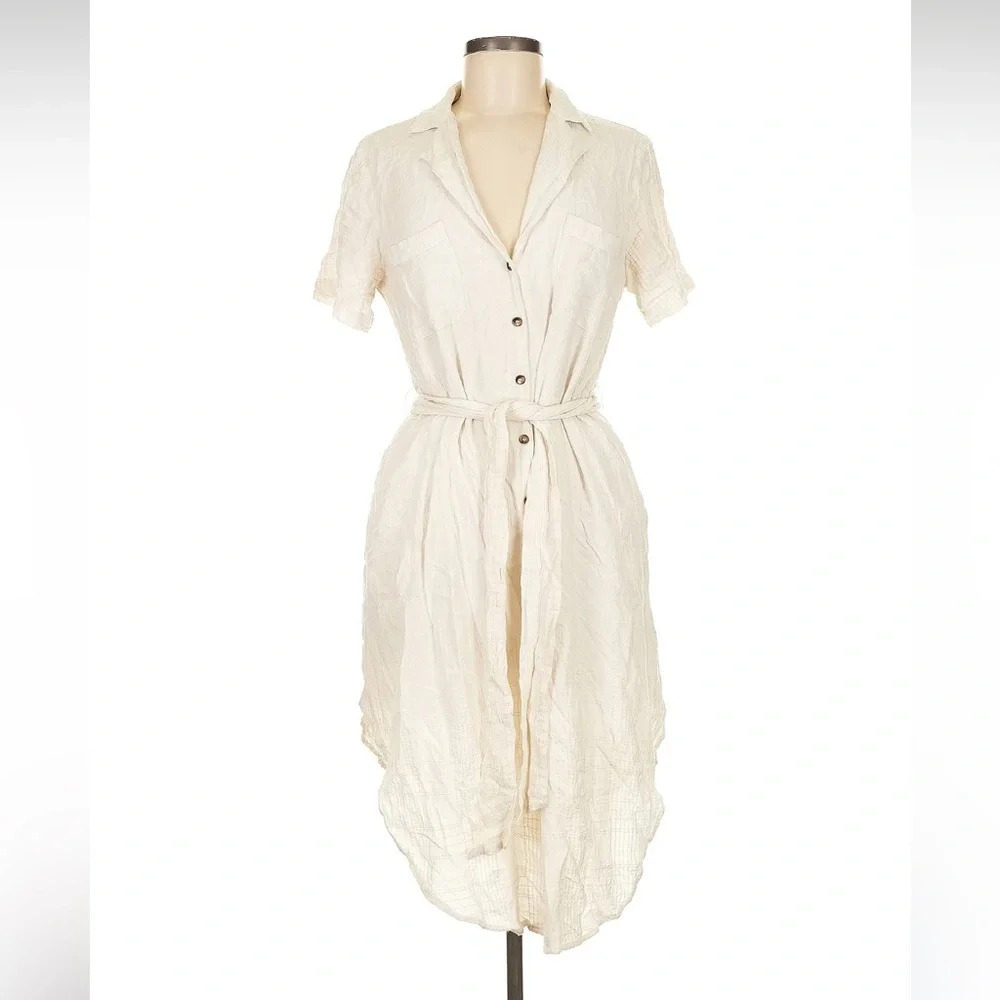 Maeve (Anthropologie) cream linen blend tie-waist shirtdress -size Medium Petite